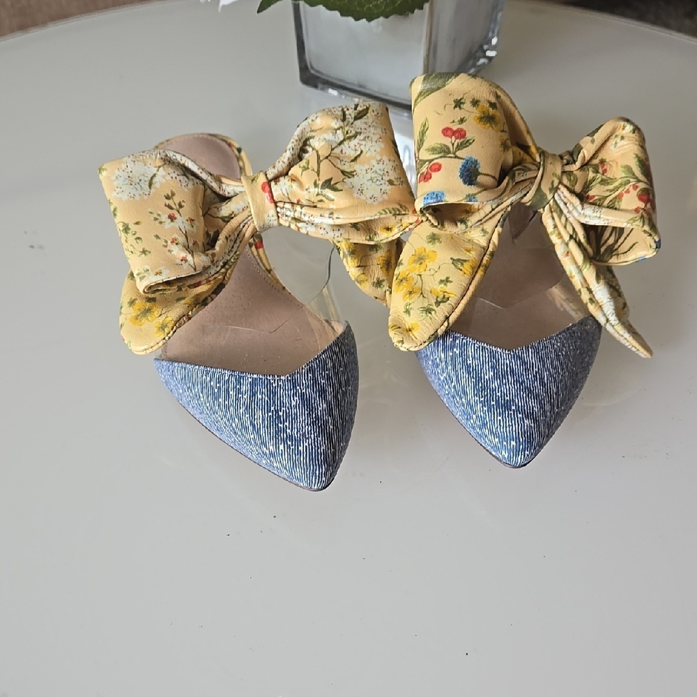 Cecelia New York Blue and Yellow Flats with Floral Bow
